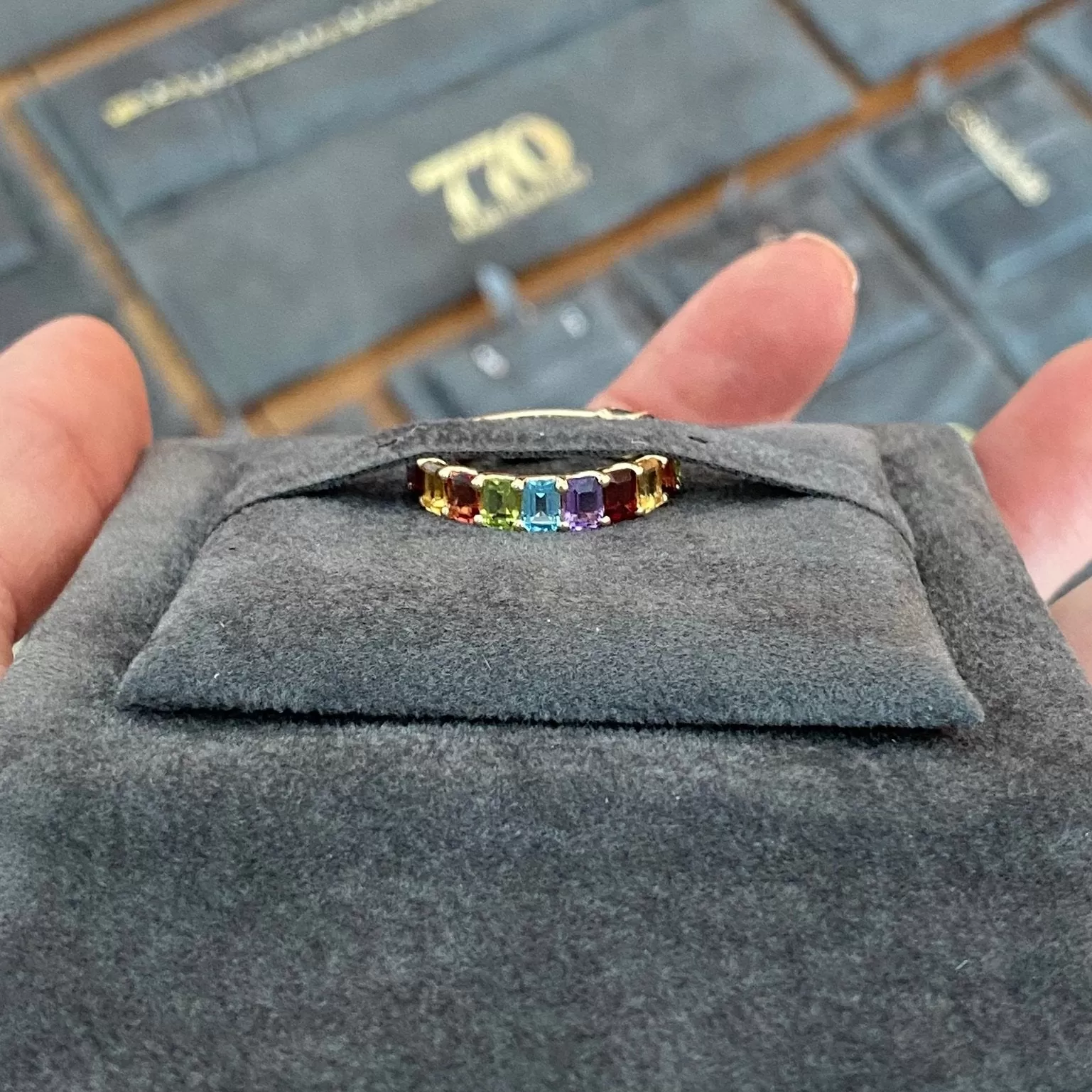 3/4 Gemstone Rainbow Ring Petite Emerald Cut