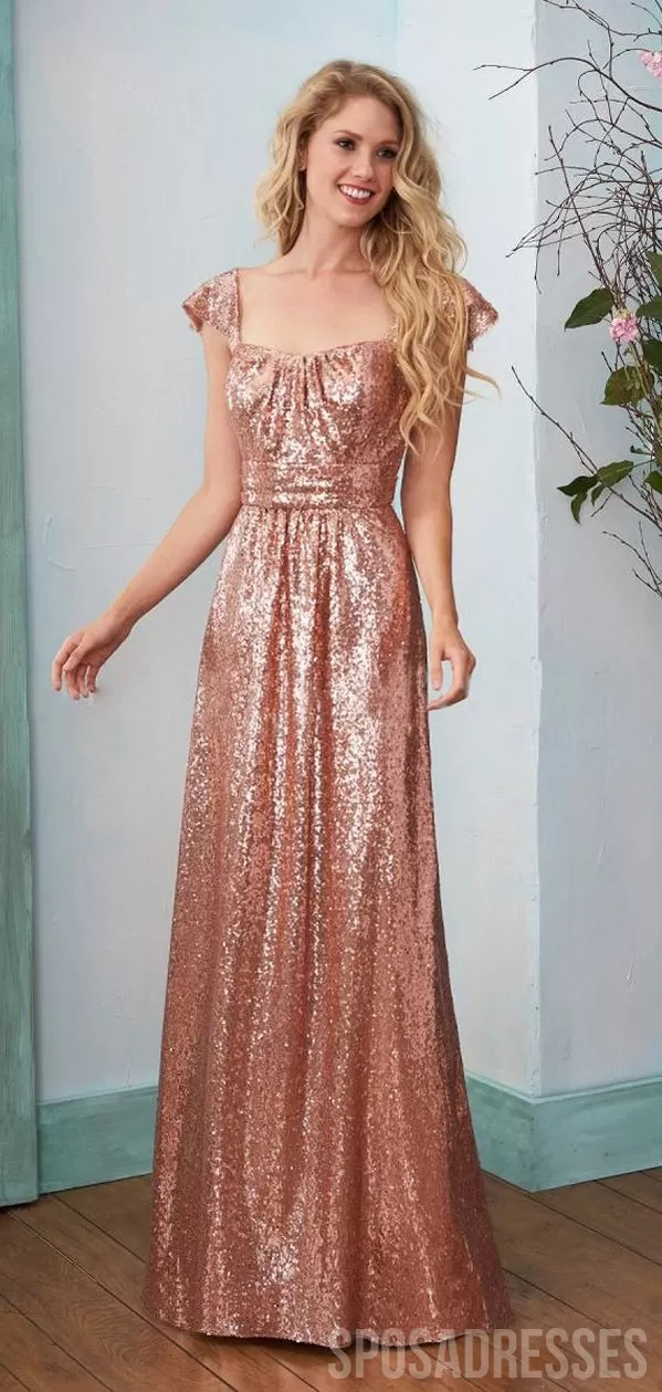 A-line Cap Sleeves Sequin Long Bridesmaid Dresses Online, WG882