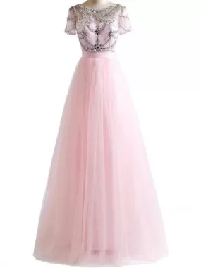 A-line Round Neck Short Sleeves Long Prom Dresses, Sweet 16 Prom Dresses, 12468