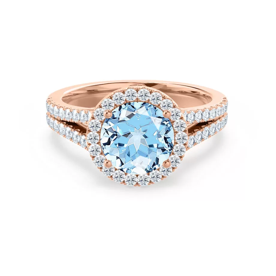 AMELIA - Chatham® Lab Grown Aqua Spinel & Diamond 18k Rose Gold Halo Ring