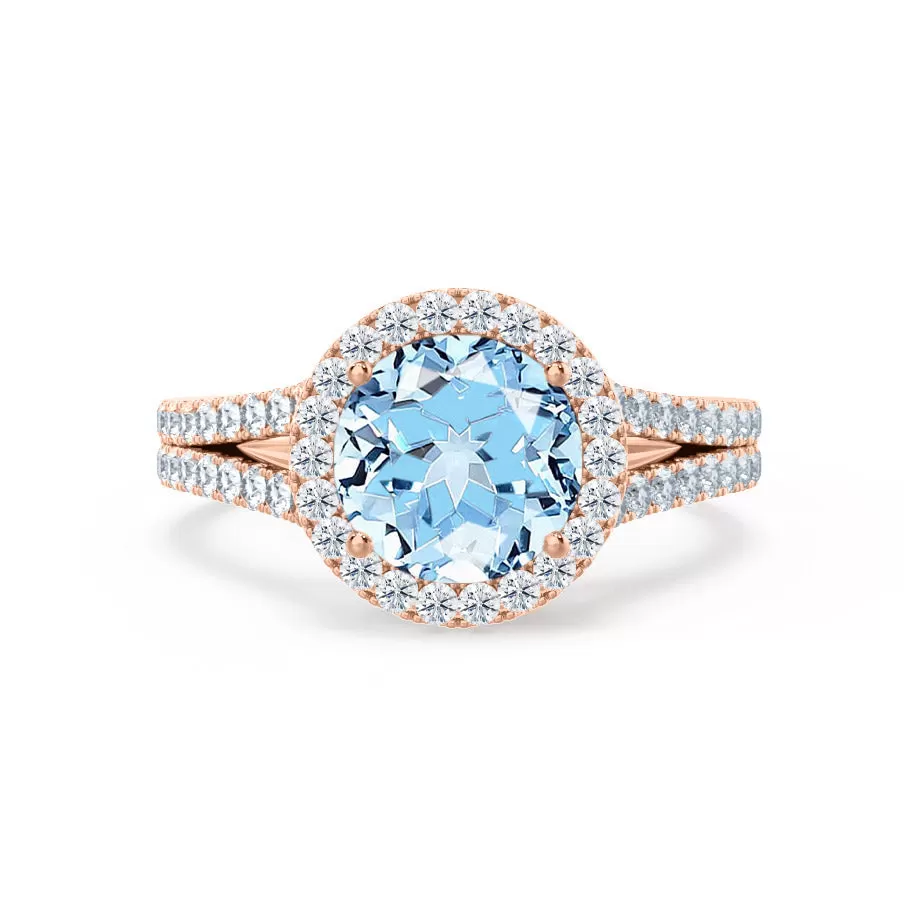 AMELIA - Chatham® Lab Grown Aqua Spinel & Diamond 18k Rose Gold Halo Ring