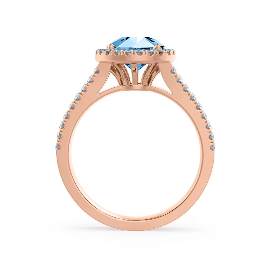 AMELIA - Chatham® Lab Grown Aqua Spinel & Diamond 18k Rose Gold Halo Ring