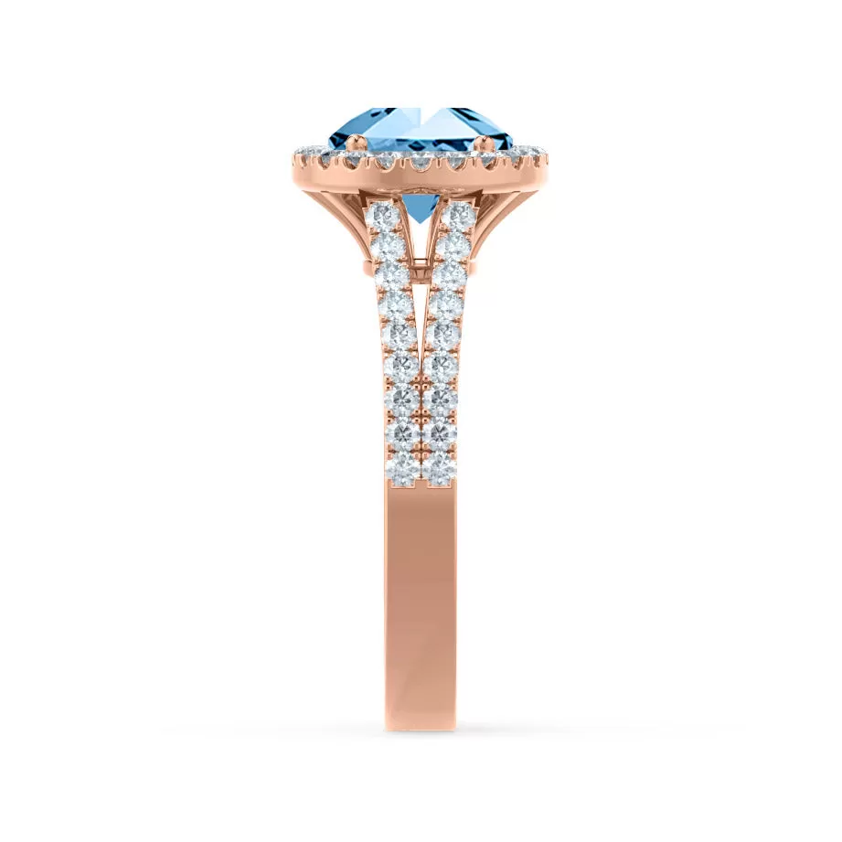 AMELIA - Chatham® Lab Grown Aqua Spinel & Diamond 18k Rose Gold Halo Ring