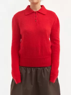 AMOMENTO Sheer Collar Knit Pullover - Red