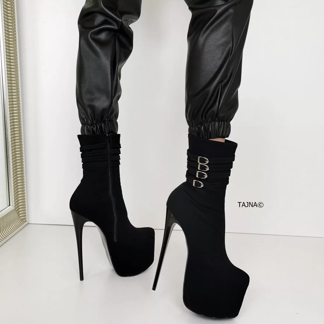 Aragon Black Suede Belted Heel Boots