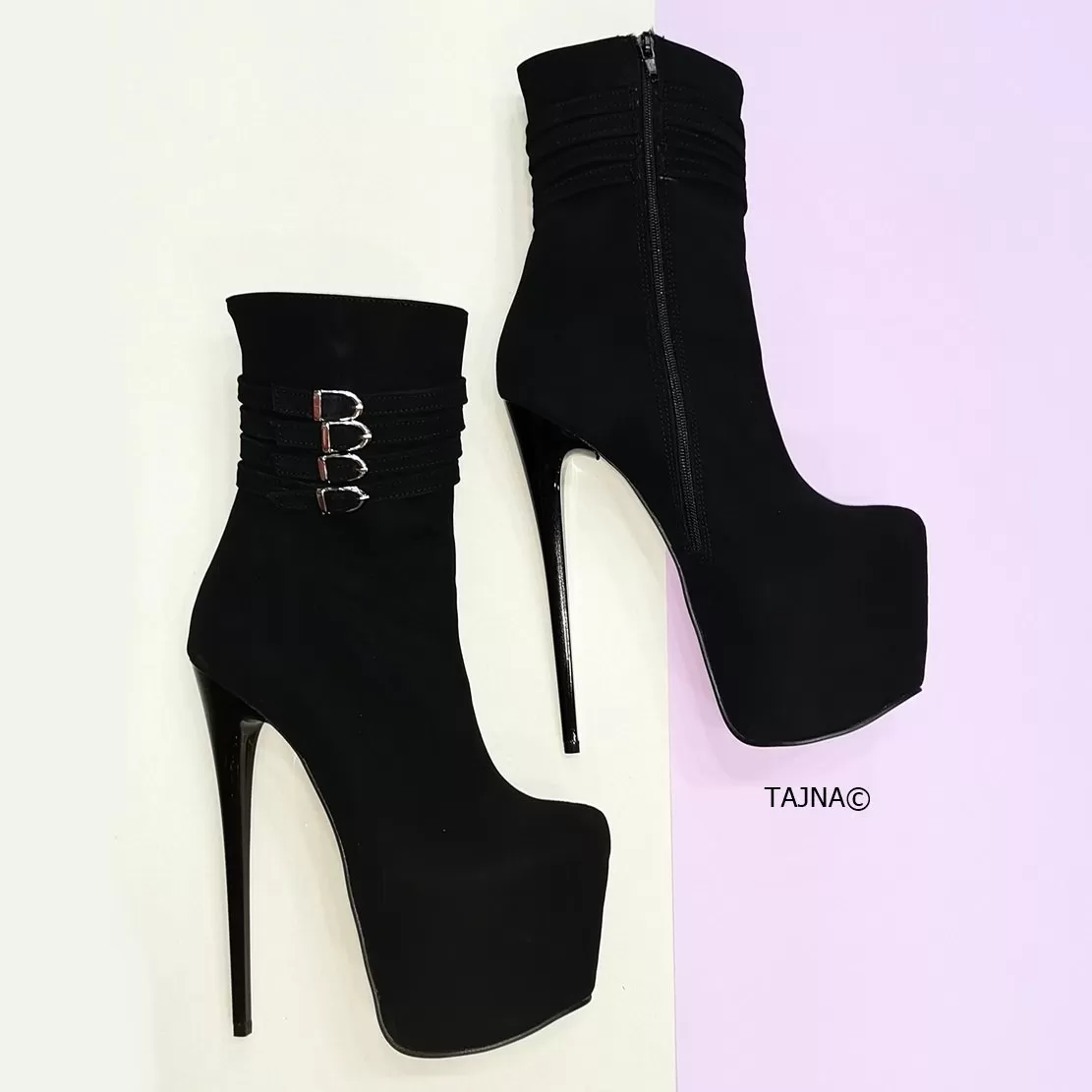 Aragon Black Suede Belted Heel Boots