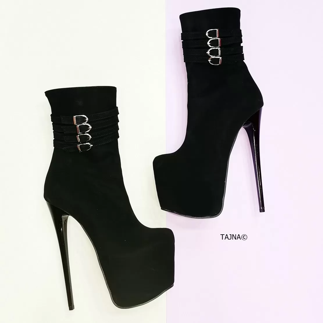 Aragon Black Suede Belted Heel Boots