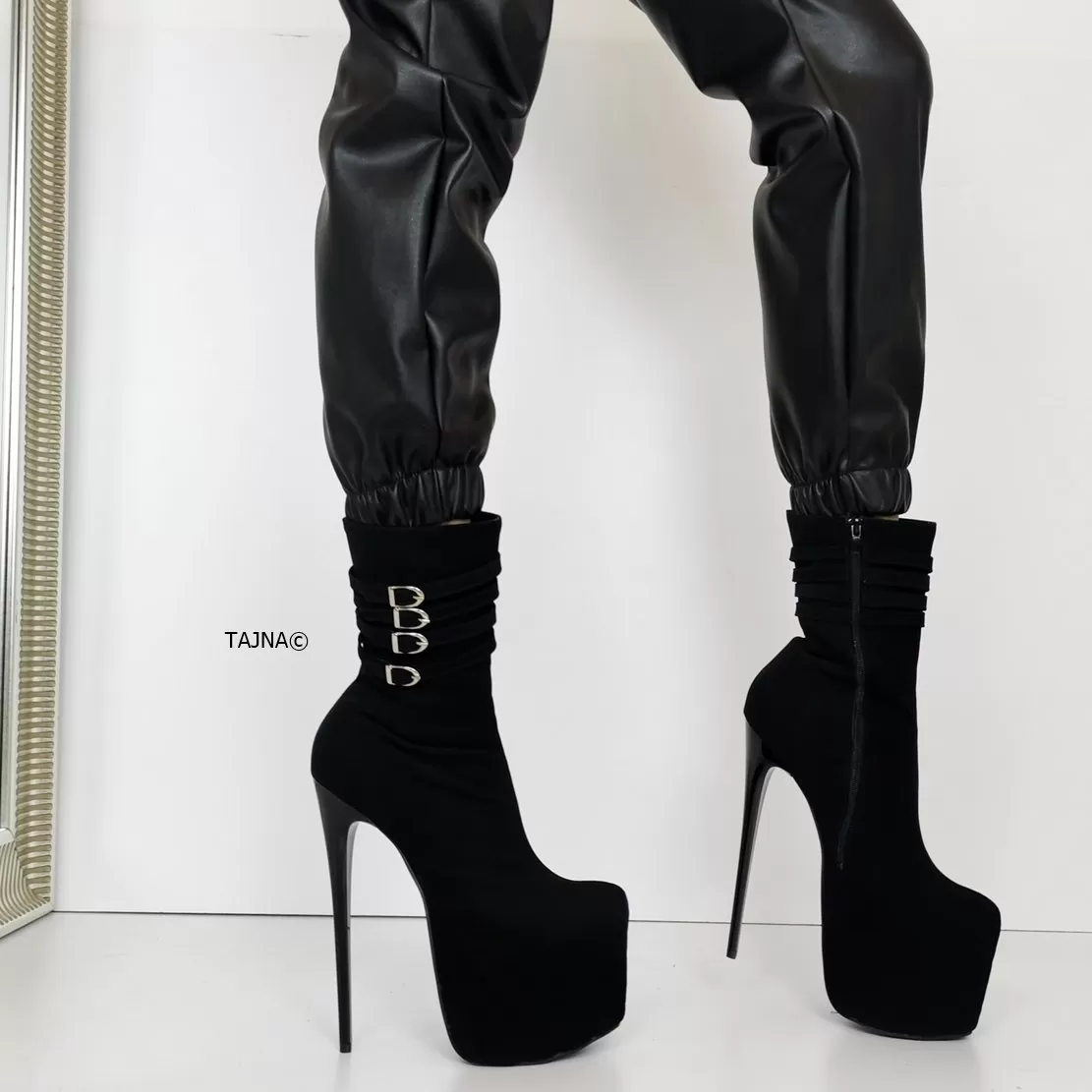 Aragon Black Suede Belted Heel Boots