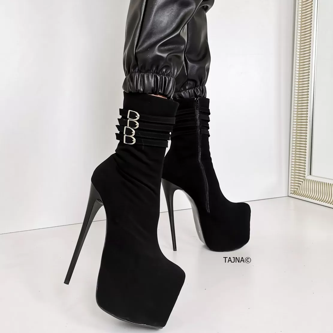 Aragon Black Suede Belted Heel Boots