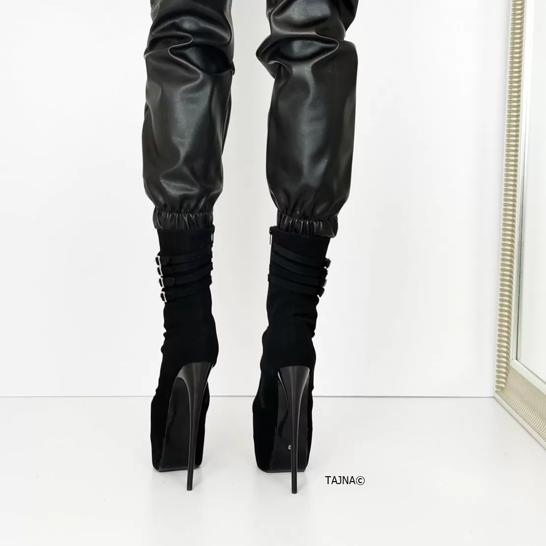 Aragon Black Suede Belted Heel Boots