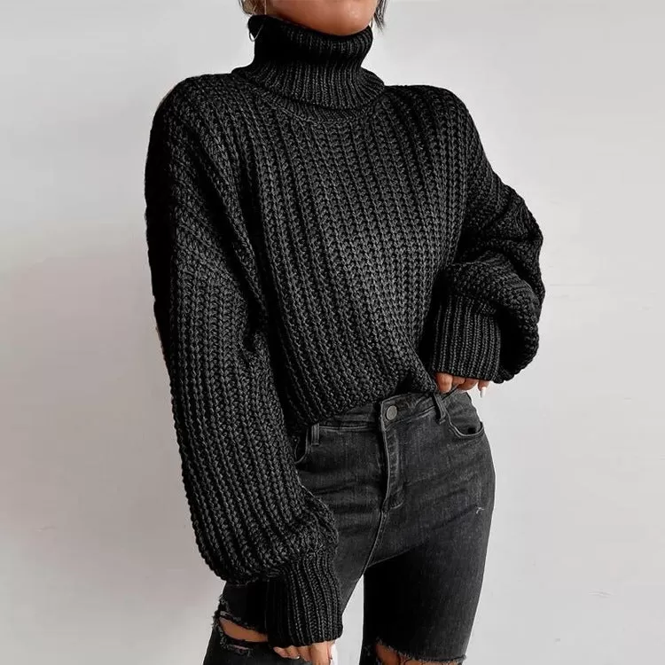 Autumn And Winter Fashion Fall Shoulder Long Sleeve Knitted Loose Pullover Turtleneck Sweater Women