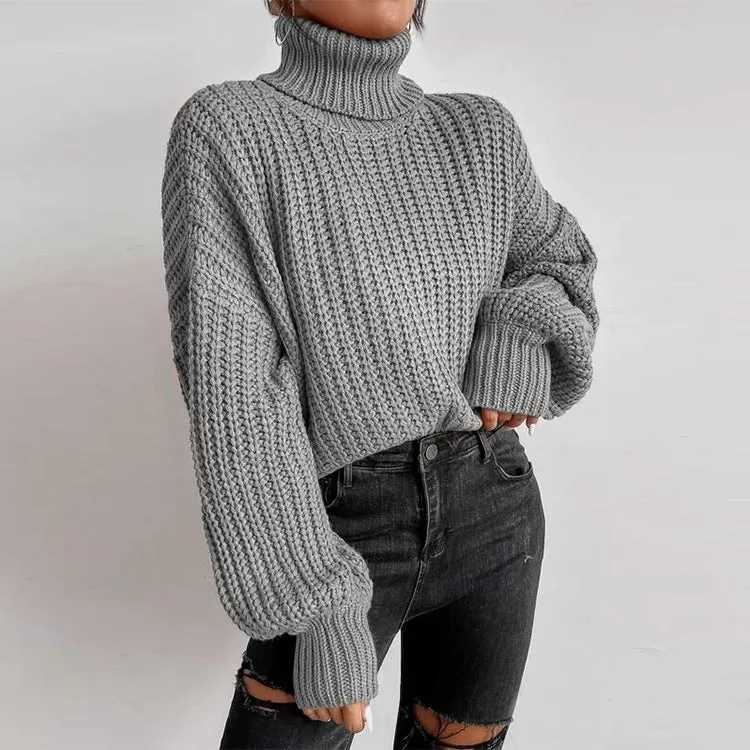 Autumn And Winter Fashion Fall Shoulder Long Sleeve Knitted Loose Pullover Turtleneck Sweater Women