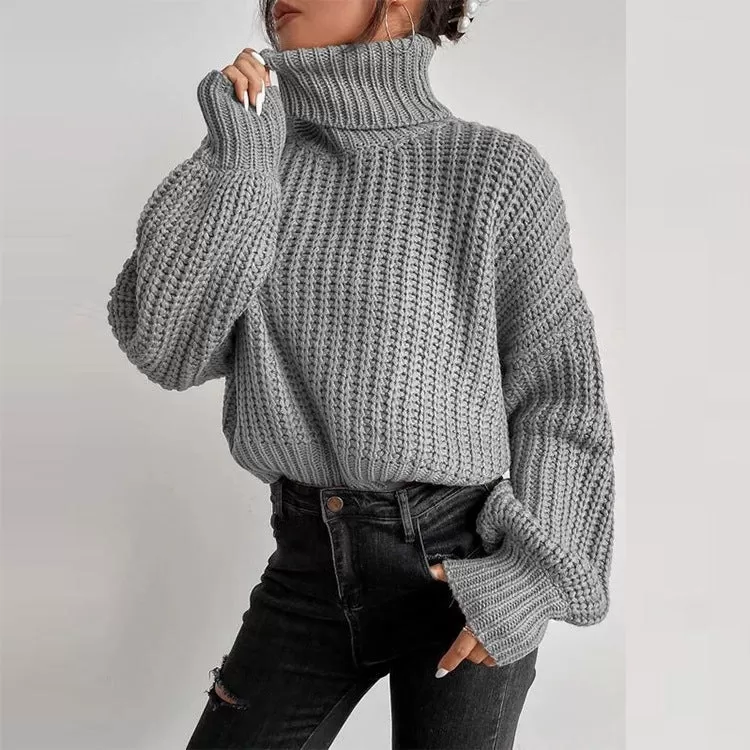 Autumn And Winter Fashion Fall Shoulder Long Sleeve Knitted Loose Pullover Turtleneck Sweater Women