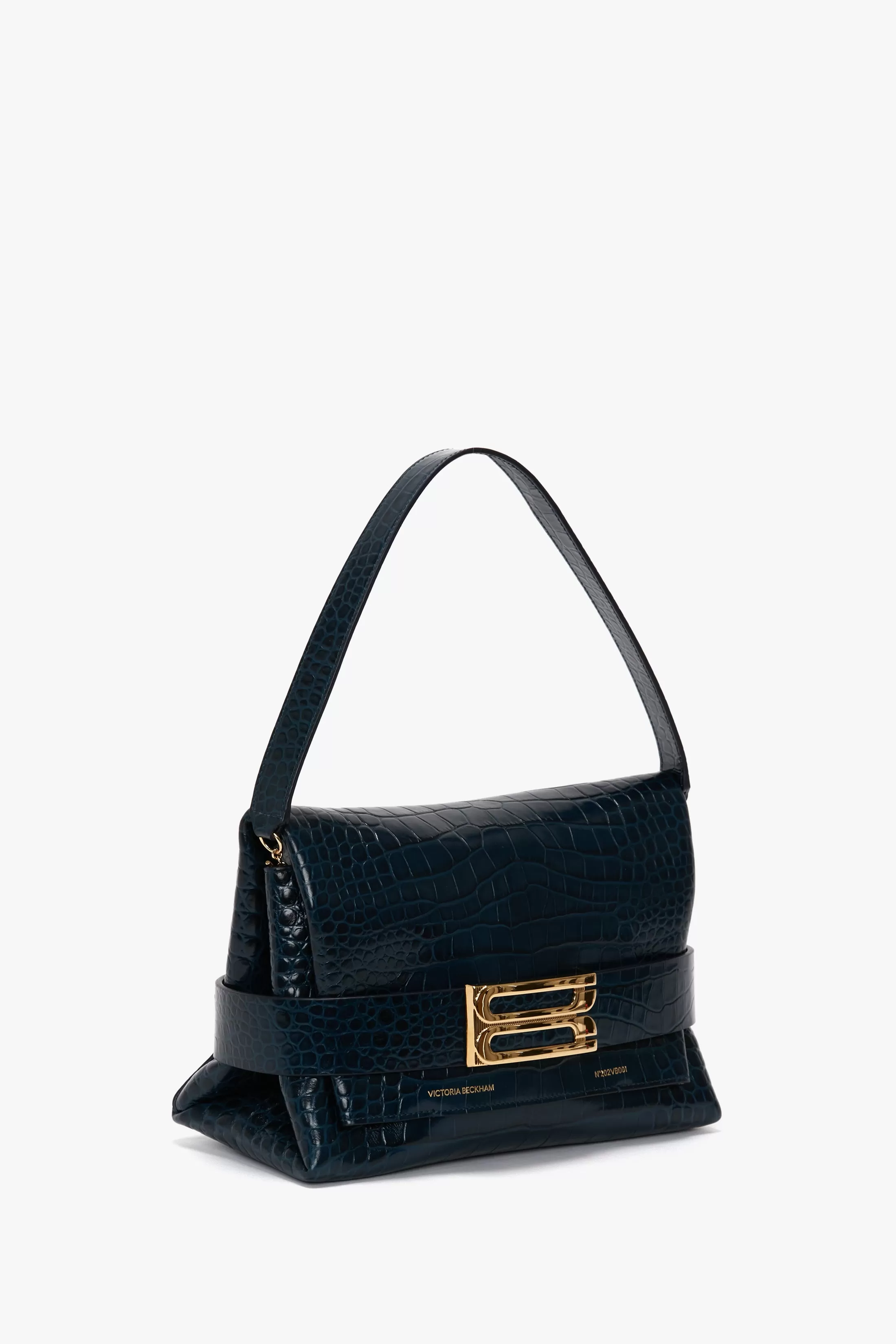 B Pouch Bag In Croc Embossed Midnight Blue Leather