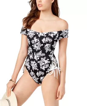 Bar III Womens Off-Shoulder Floral-Print One-Piece Swimsuit, Black, XS