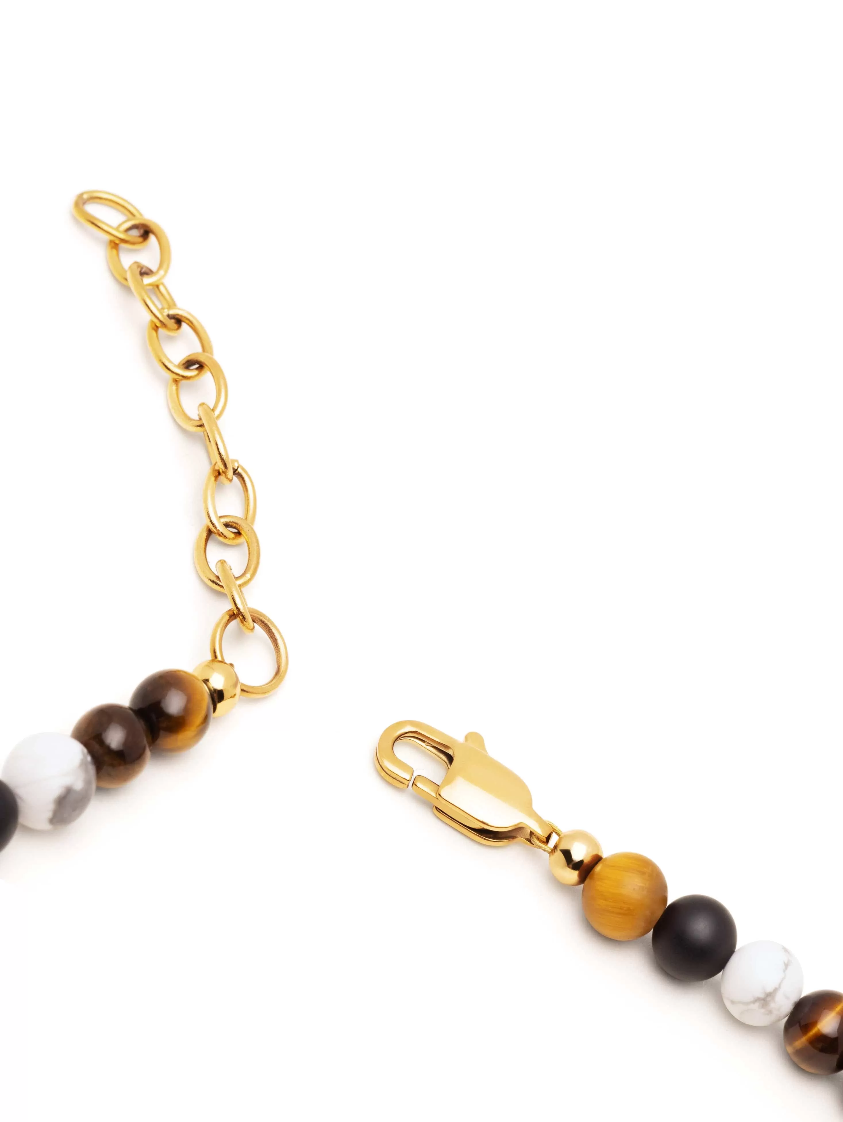 Beaded Necklace with Brown Tiger Eye, Howlite, and Onyx