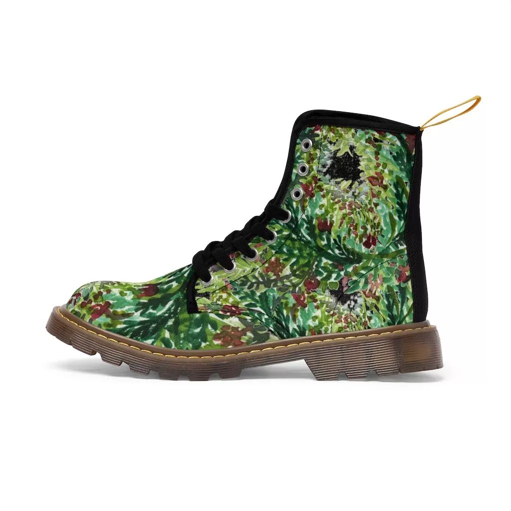 Black Green Floral Women's Boots, Flower Stylish Rose Hiking Combat Boots For Women