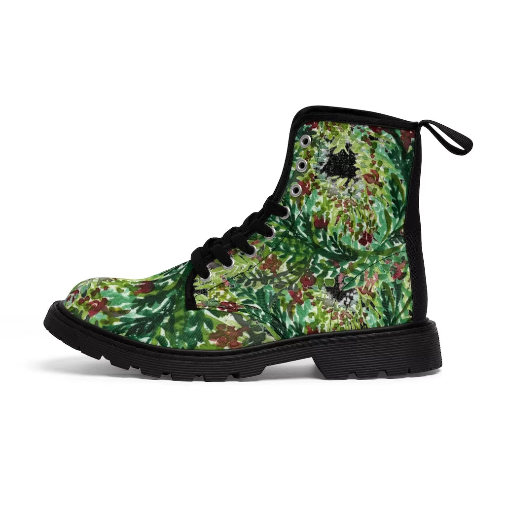 Black Green Floral Women's Boots, Flower Stylish Rose Hiking Combat Boots For Women