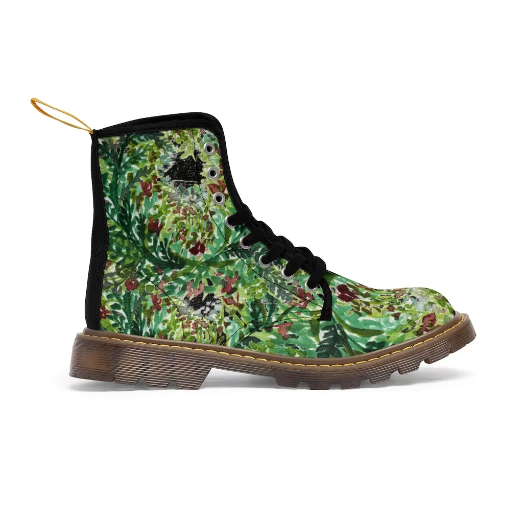 Black Green Floral Women's Boots, Flower Stylish Rose Hiking Combat Boots For Women