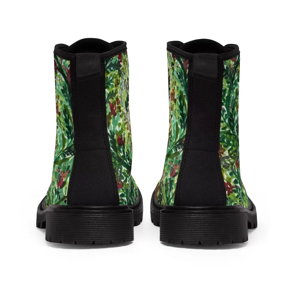 Black Green Floral Women's Boots, Flower Stylish Rose Hiking Combat Boots For Women