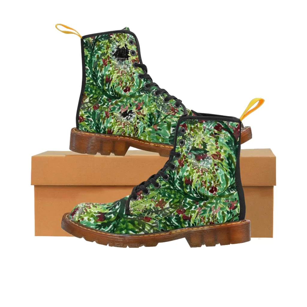 Black Green Floral Women's Boots, Flower Stylish Rose Hiking Combat Boots For Women