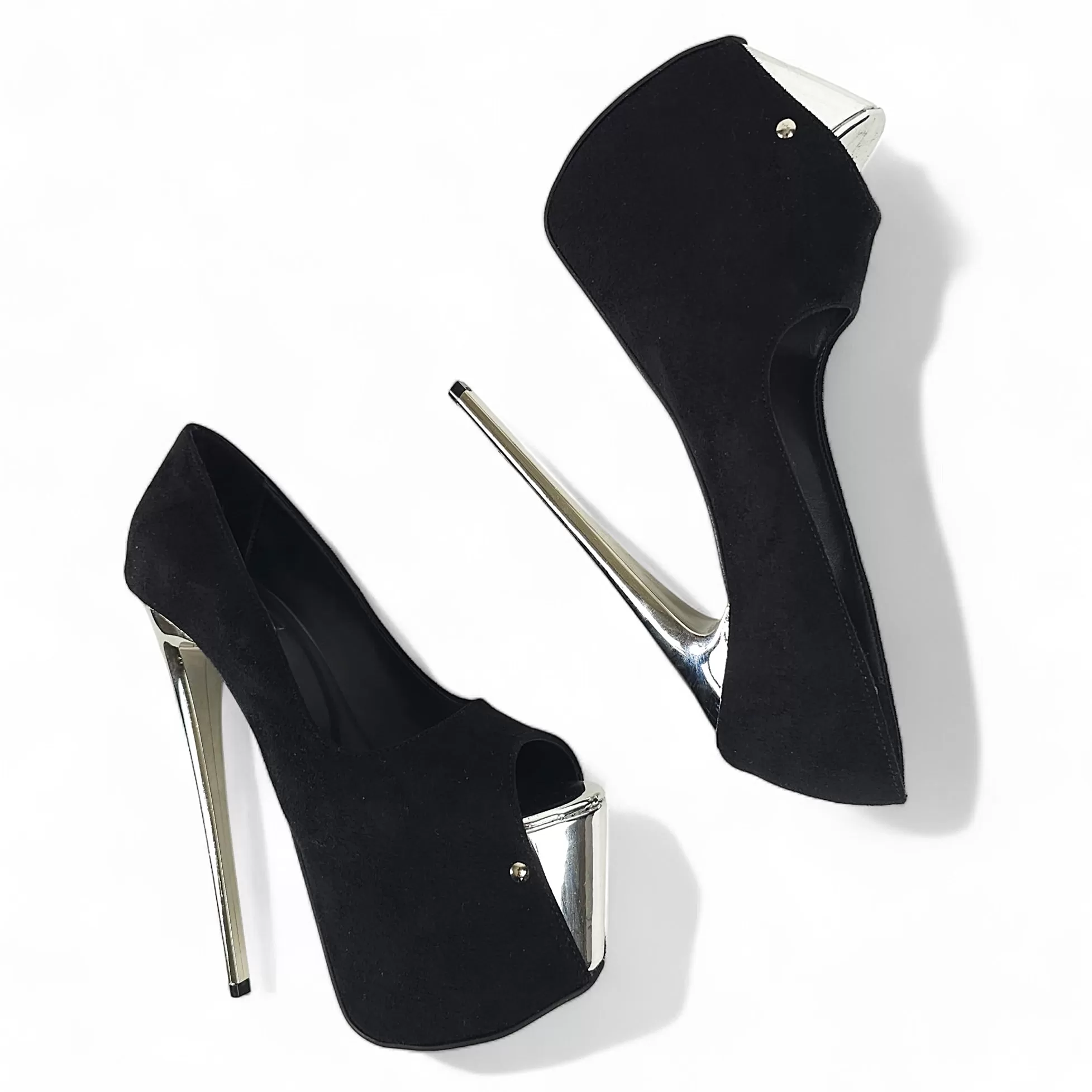 Black Suede Silver Detail Metallic Heels Open Toe