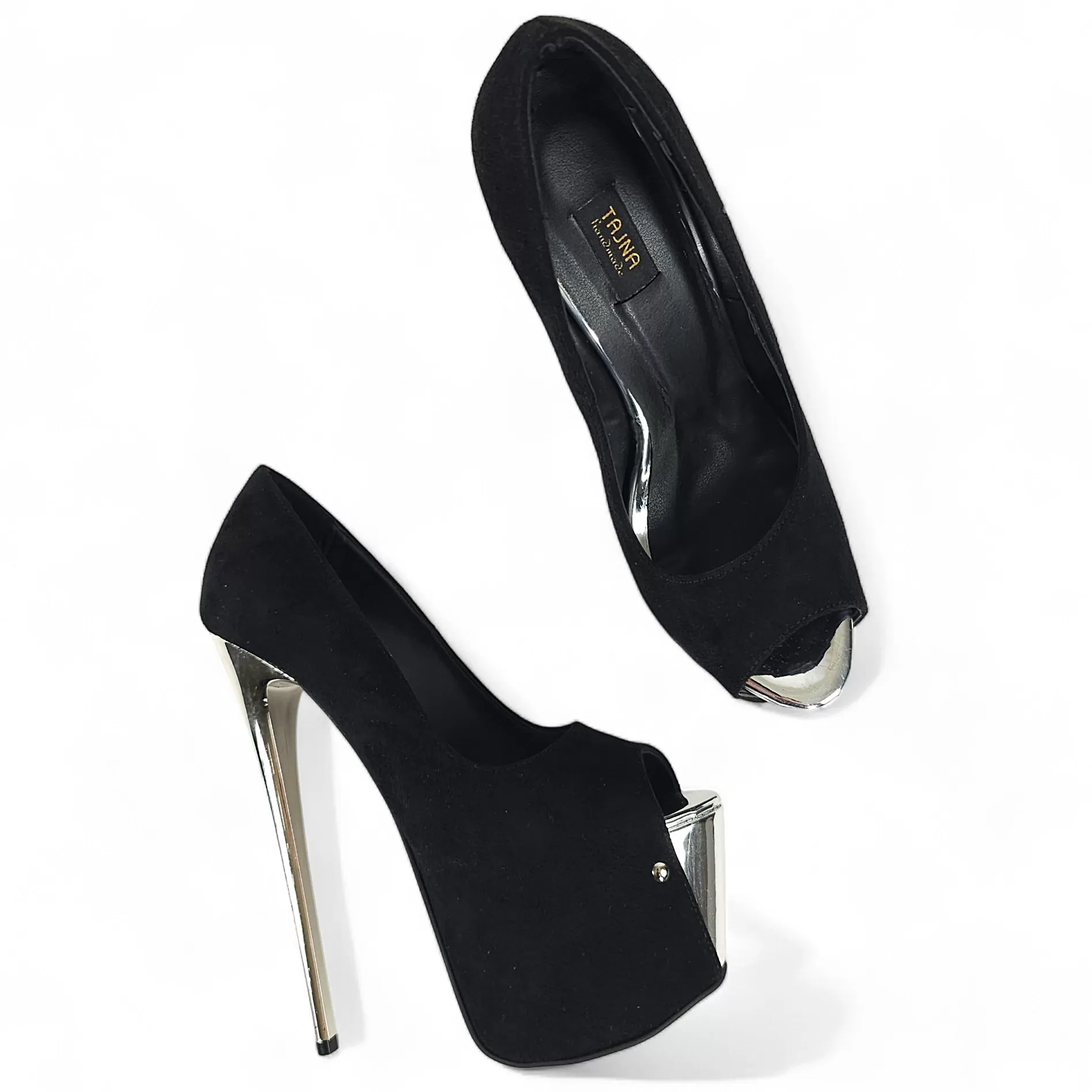 Black Suede Silver Detail Metallic Heels Open Toe