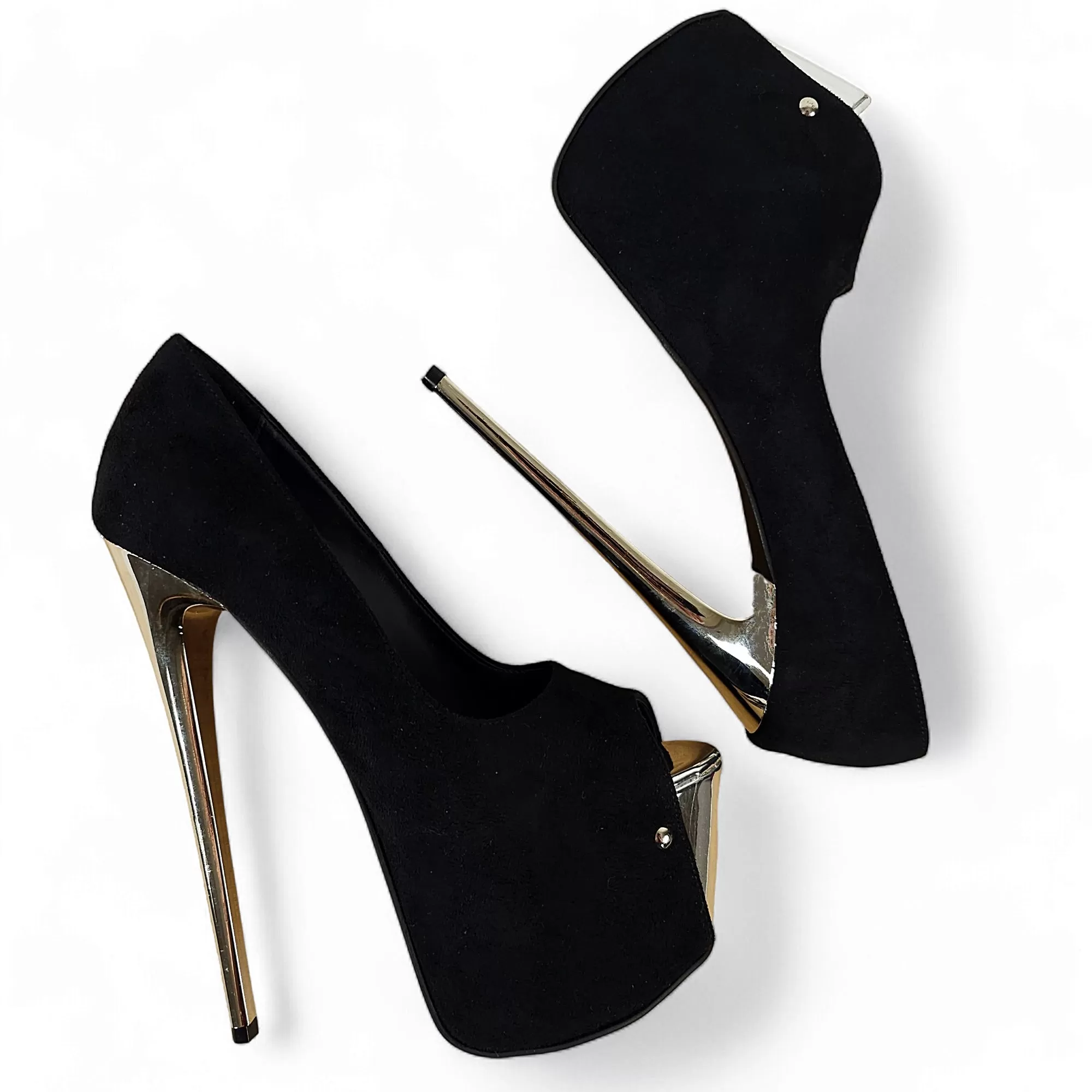 Black Suede Silver Detail Metallic Heels Open Toe