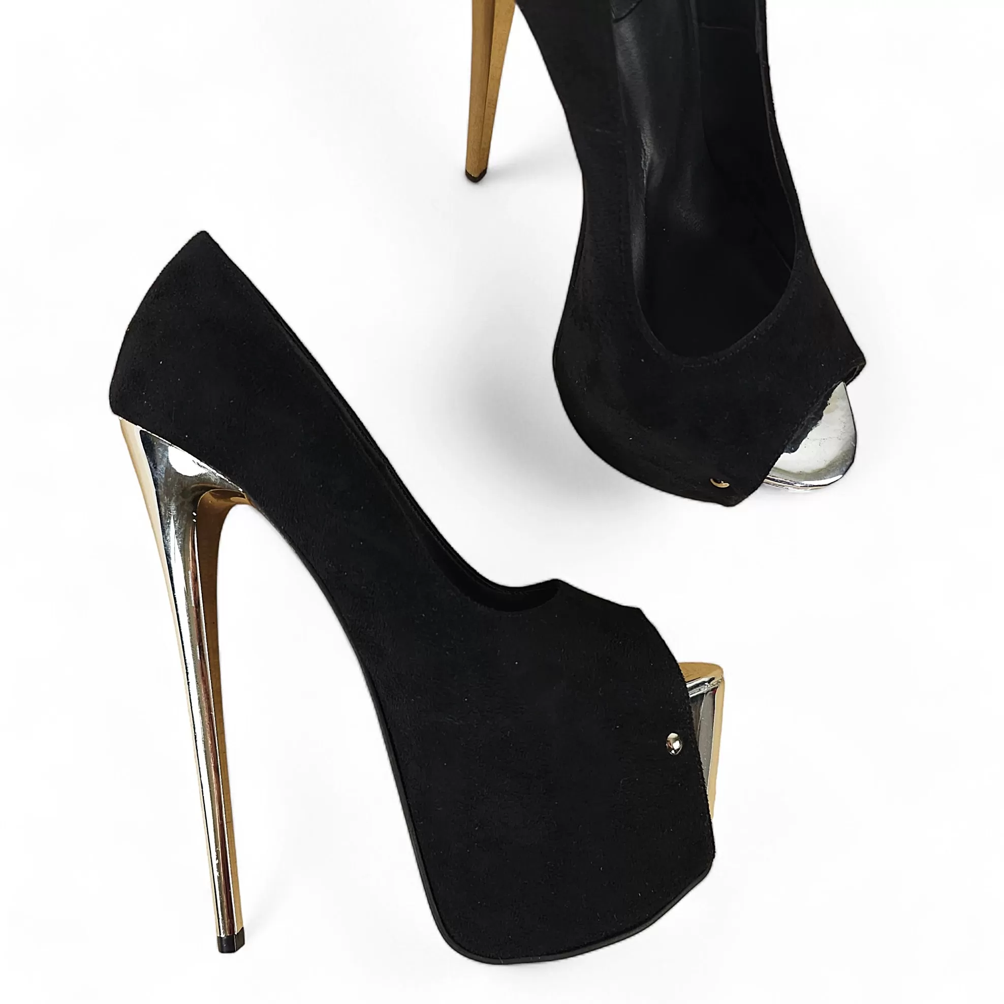 Black Suede Silver Detail Metallic Heels Open Toe