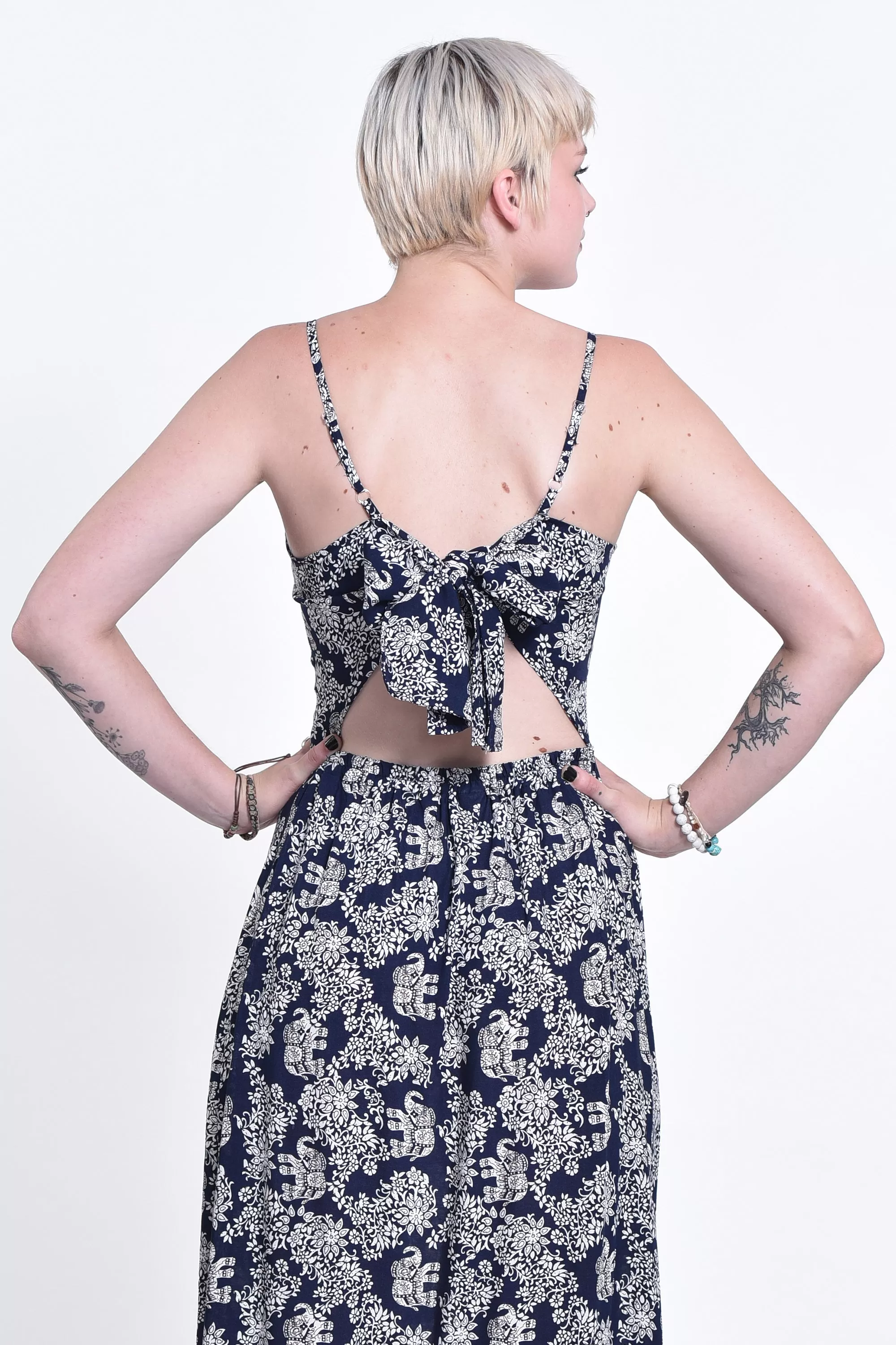 Blooming Elephant Tie Back Maxi Dress in Navy