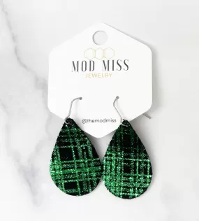 Buffalo Plaid Black & Green Shiny Teardrop Leather Earrings