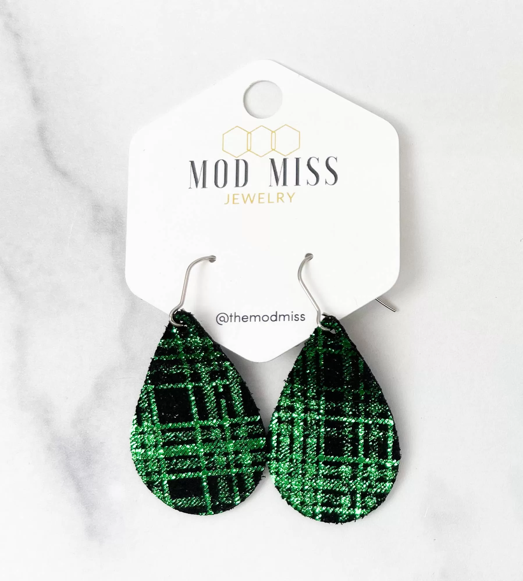 Buffalo Plaid Black & Green Shiny Teardrop Leather Earrings