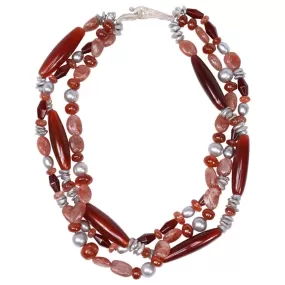 Carnelian, Sunstone, Pearl, and Silver Necklace