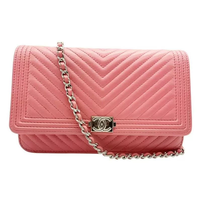 Chanel Boy Wallet on Chain Chevron Quilted Woc Pink Calfskin Leather