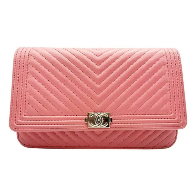 Chanel Boy Wallet on Chain Chevron Quilted Woc Pink Calfskin Leather