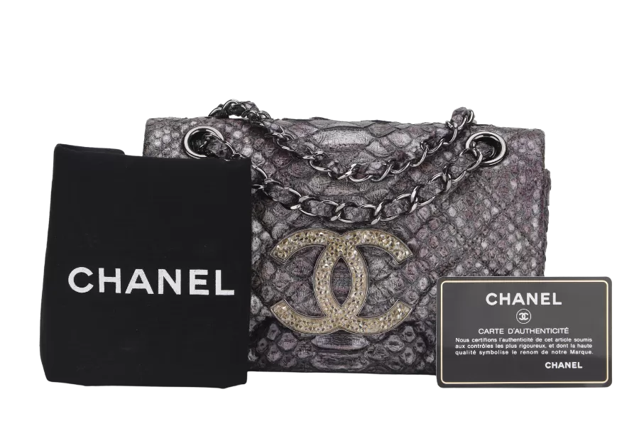 CHANEL CLASSIC FLAP SMALL PYTHON CRYSTAL BAG (1543xxxx) WITH CARD & DUST COVER