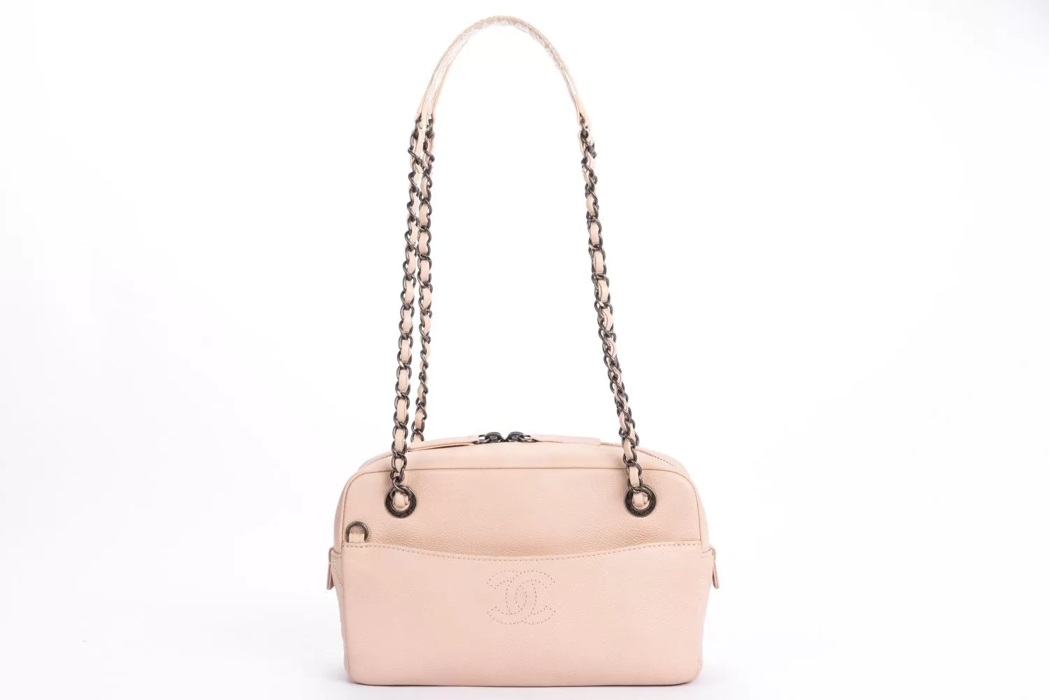 Chanel Light Beige Caviar Leather Camera Bag, Ruthenium Chain