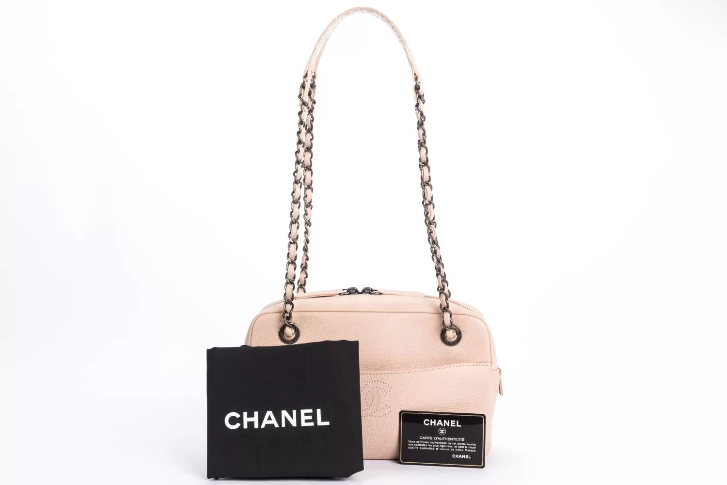 Chanel Light Beige Caviar Leather Camera Bag, Ruthenium Chain