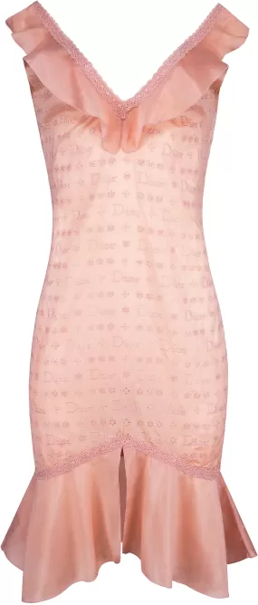 Christian Dior Pink Embroidered Logo Eyelet Ruffle Dress