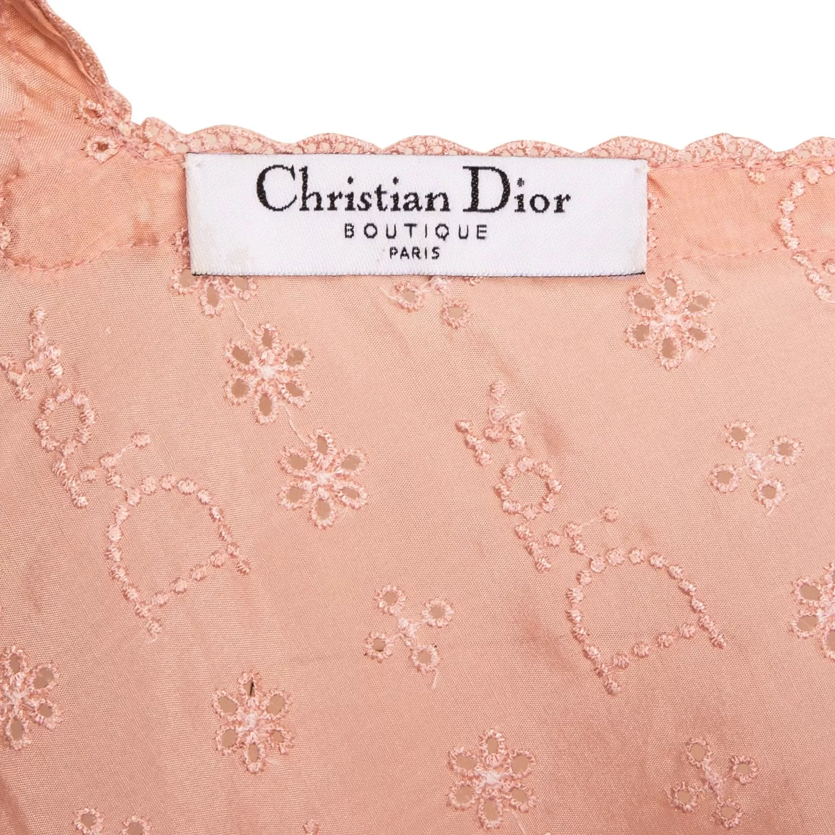 Christian Dior Pink Embroidered Logo Eyelet Ruffle Dress