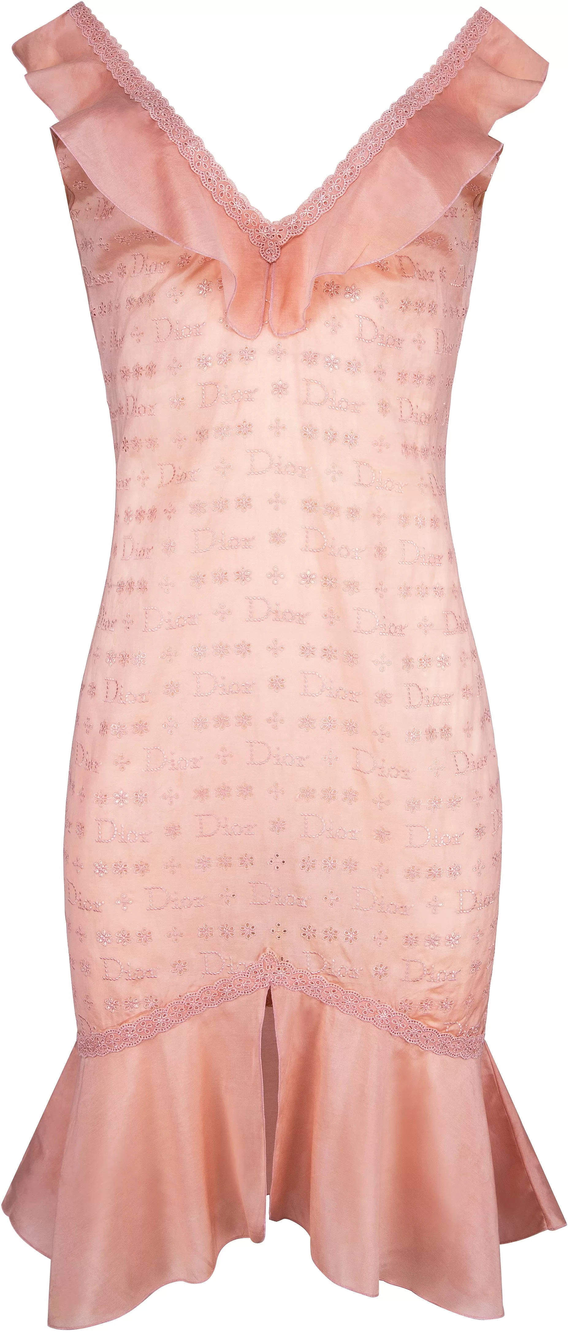 Christian Dior Pink Embroidered Logo Eyelet Ruffle Dress