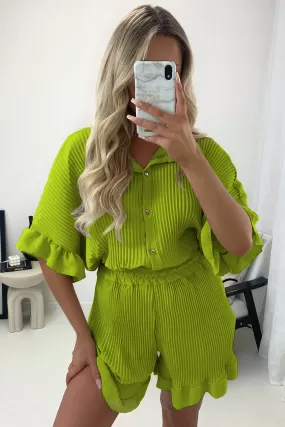 Colette Lime Green Plisse Pleated Frill Hem Shirt and Shorts Co-Ord Set