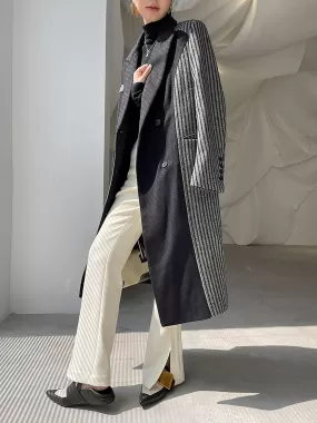 Colorblock Striped Double Breasted Wool Blend Coat