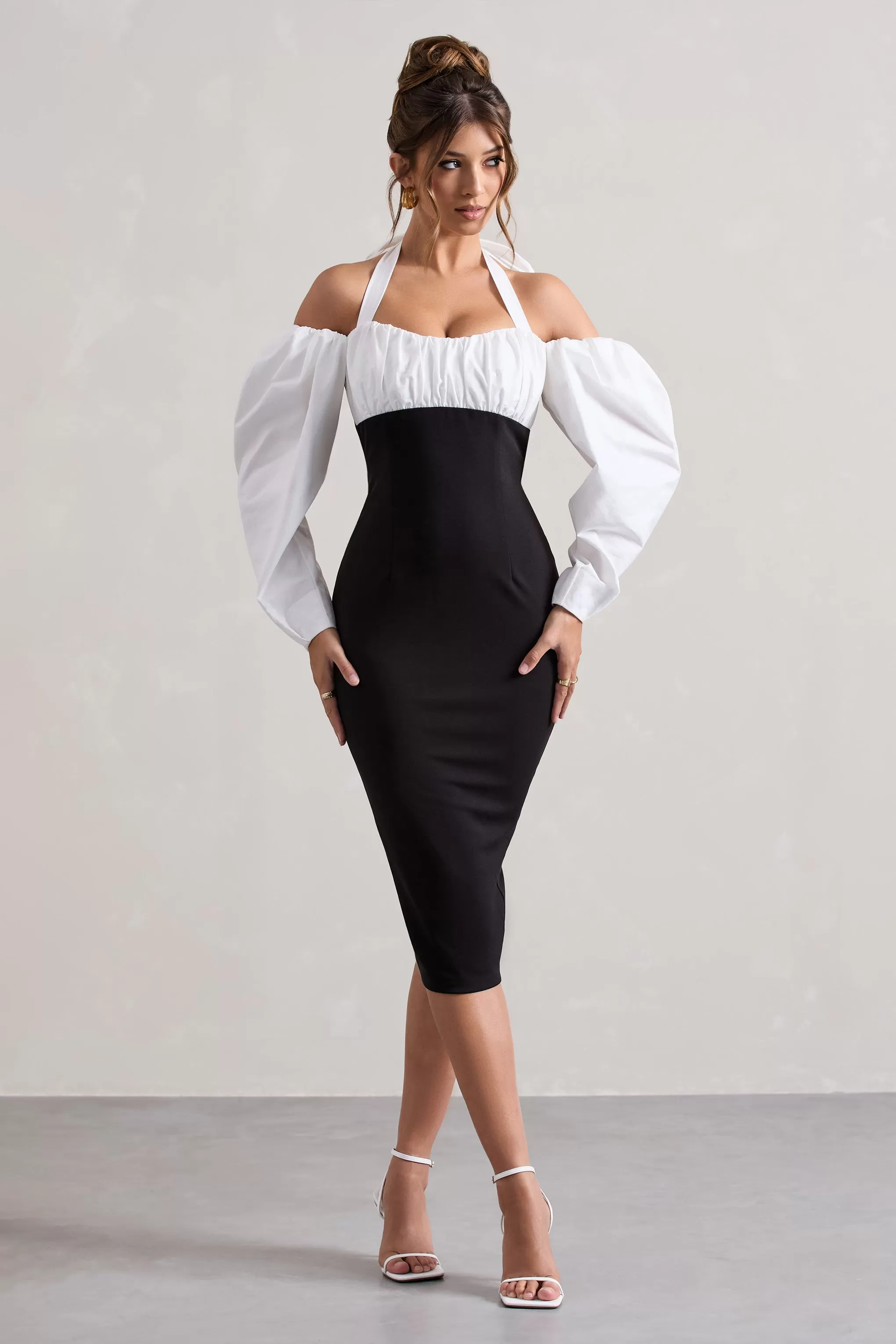 Couture Client | Black Halter-Neck Puff Sleeve Midi Dress