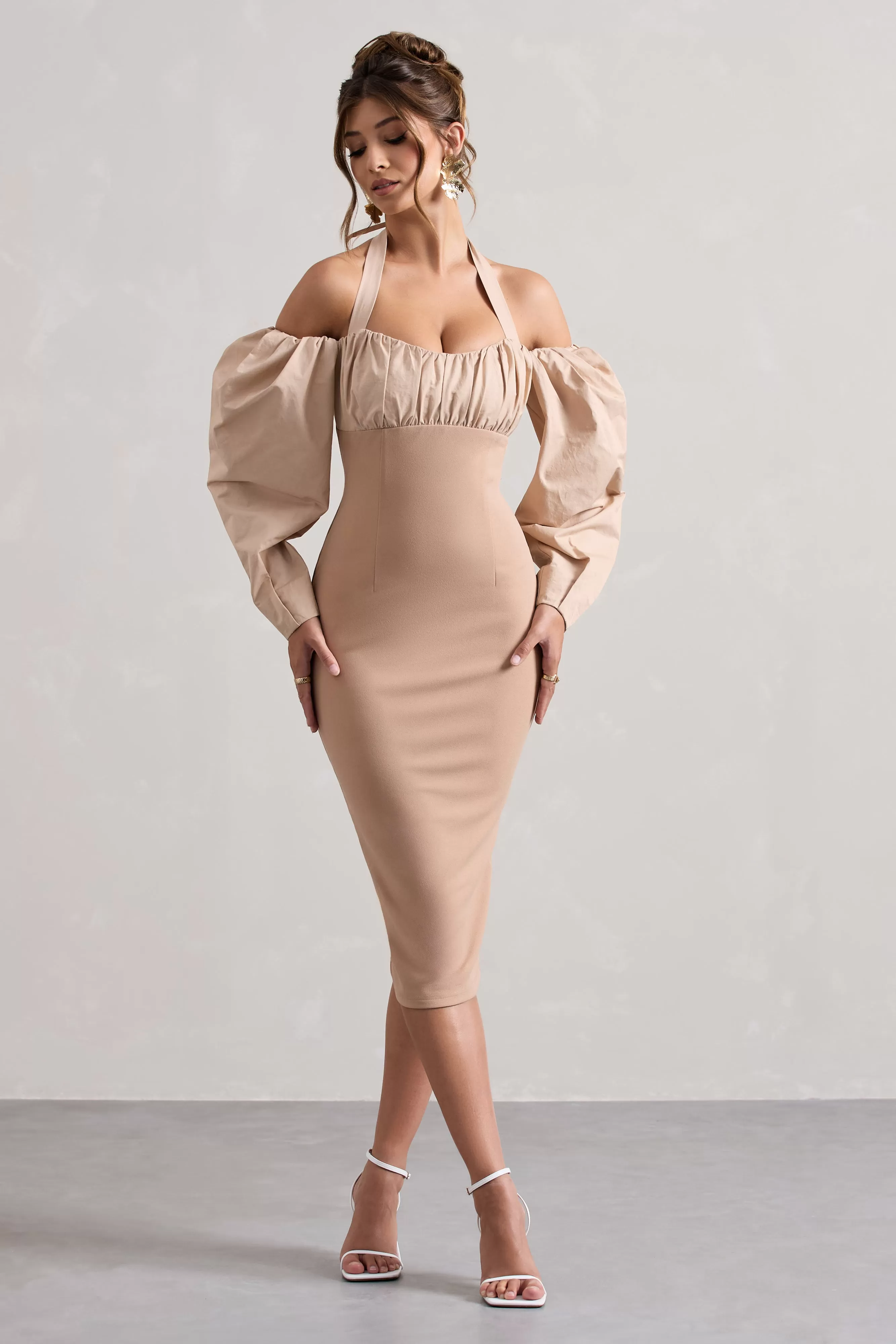 Couture Client | Champagne Halter-Neck Puff Sleeve Midi Dress