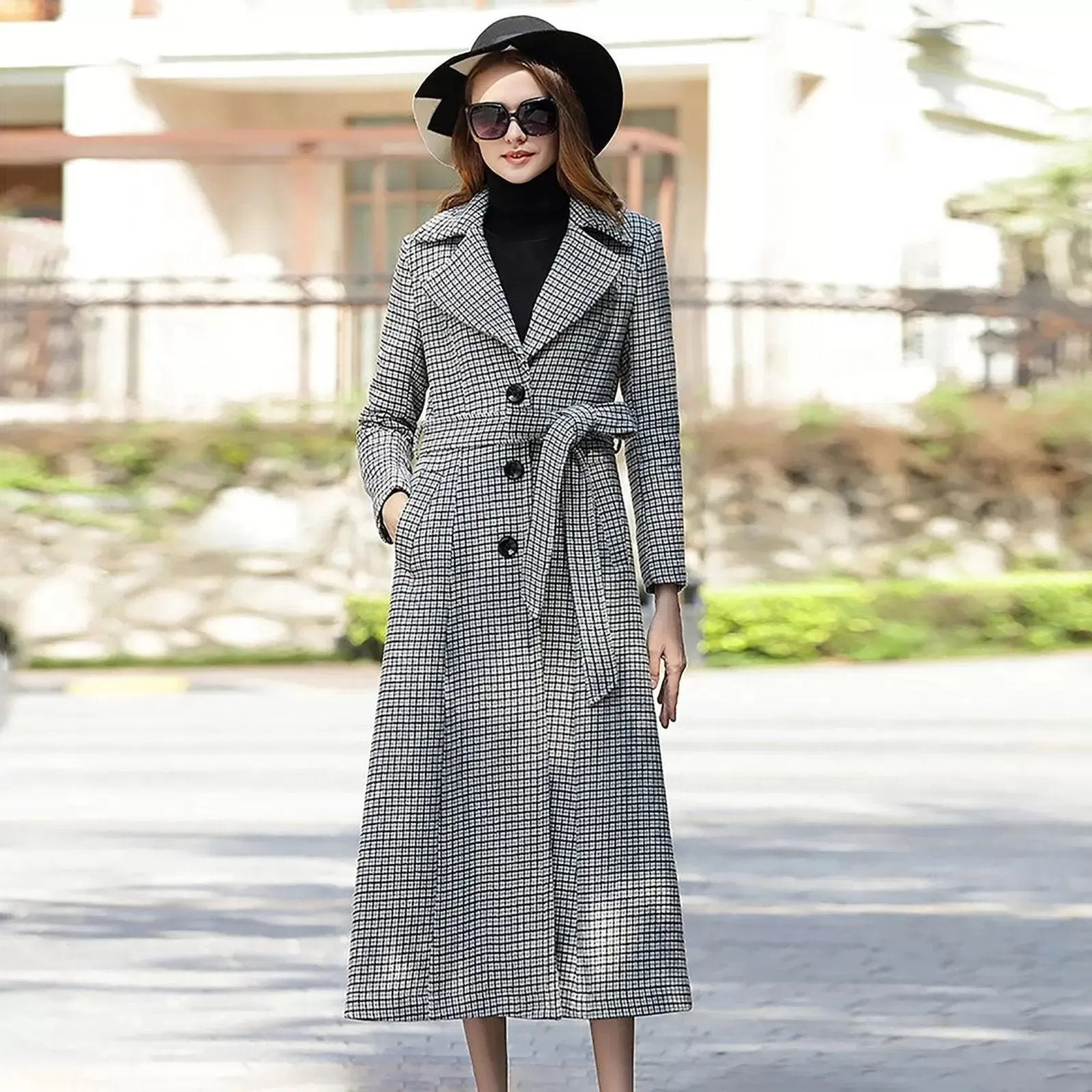 Custom Wool Fit & Flare Belted Plaid Coat