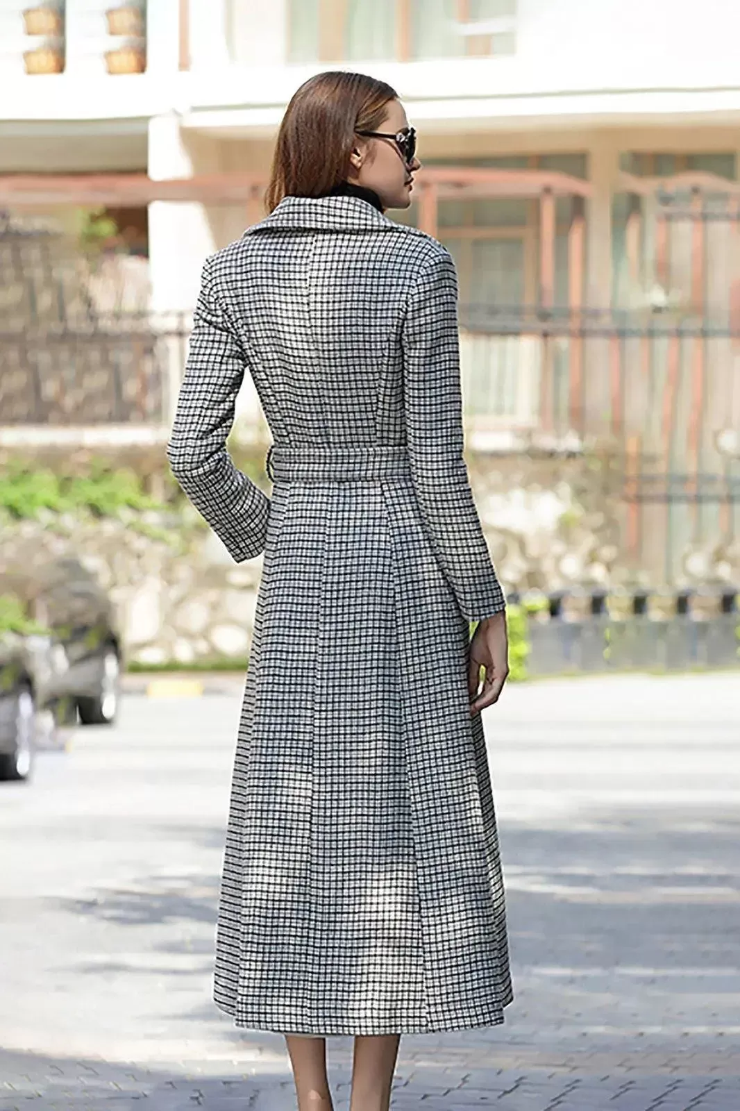 Custom Wool Fit & Flare Belted Plaid Coat