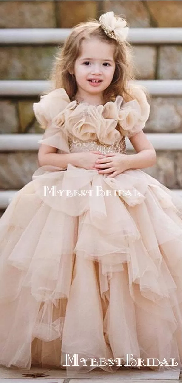 Cute Scoop Champagne Tulle Ball Gown Long Cheap Flower Girl Dresses, FGS0021