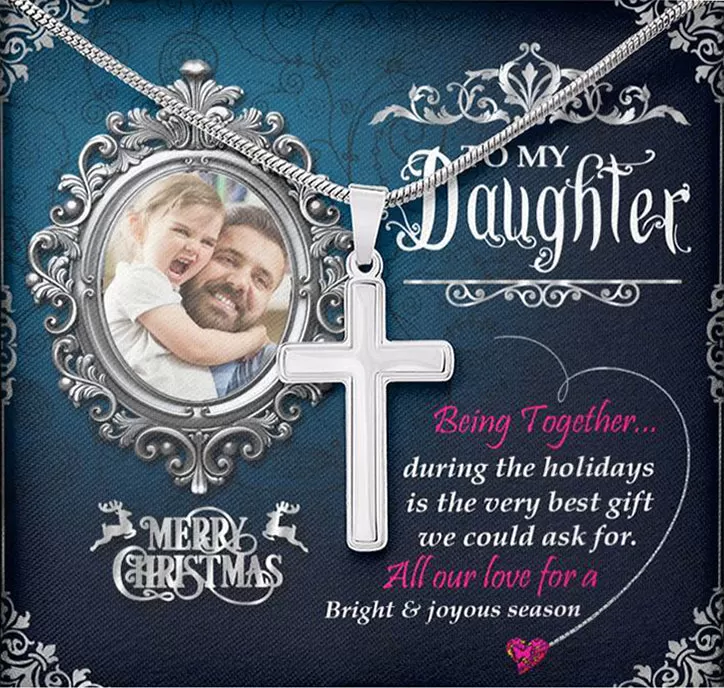 Dad To Daughter 14k White Gold Finish Cross Necklace With Custom Photo Christmas Message Card Gift For Daughter