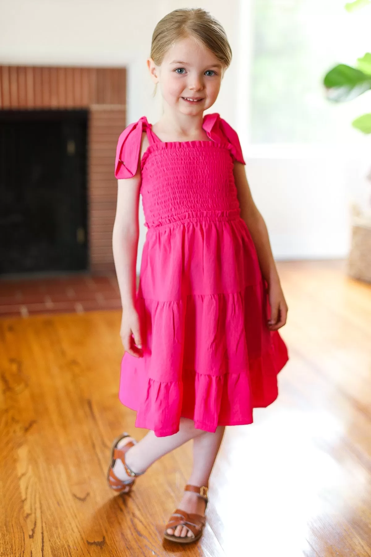 Darling Pink Crepe Tiered Smocked Shoulder Tie Dress